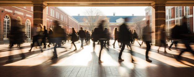 Crowd of students walking through a college campus on a sunny day, motion blur